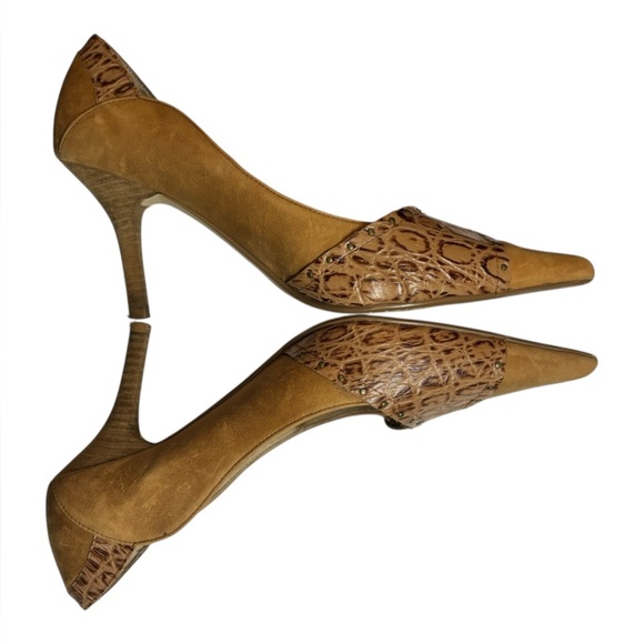 Seychelles Tan Suede Stiletto Heel Size 8.5 Croc Embossed Leather Accent Buckle - Picture 6 of 16